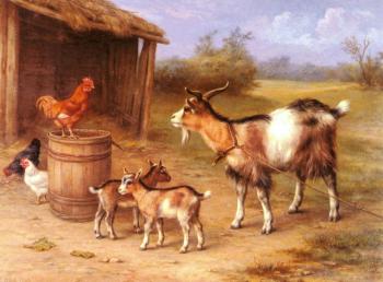 埃德加 亨特 A farmyard Scene With Goats And Chickens